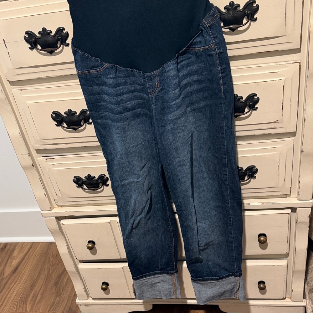 1822 Denim Dark Blue Maternity Boyfriend Jeans with Rolled Cuff
